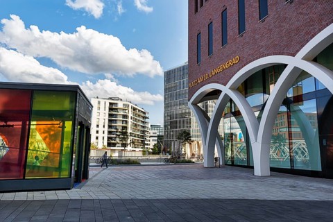 10th longitude square, inscription, modern architecture, empty pedestrian zone, Westfield
