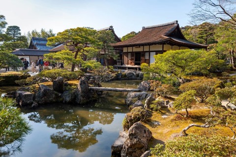 Artfully designed Japanese garden with pond and togudo, sun star, jisho-ji or ginkaku-ji, Zen