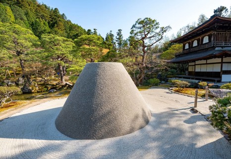 Rock garden, Zen garden with Kogetsudai Mount Fuji replica, Jisho-ji or Ginkaku-ji, Zen temple,