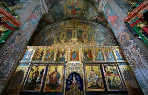 Iconastase and frescoes in Krusedol monastery, interior view, Krušedol Prnjavor, Vojvodina