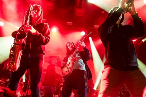 Gesa (saxophonist), iDot (Tobias von Kitzing, guitarist) and Poldi (trumpeter) from Irie Révoltés