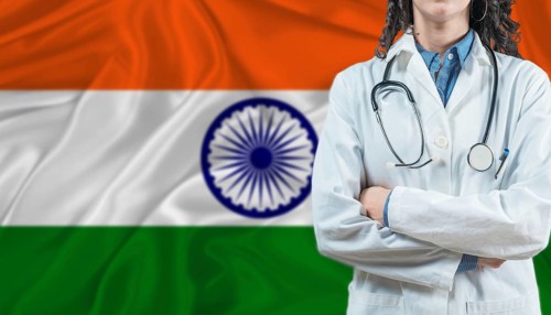 Medical professional on India flag. Healthcare and wellness in India, Concept