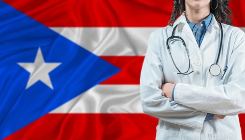 Medical professional on Puerto Rico flag. Healthcare and wellness in Puerto Rico, Concept