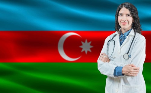 Azerbaijani medicine and healthcare concept. Close up of doctor against Azerbaijan flag background
