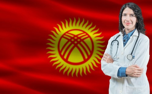 Kyrgyz medicine and healthcare concept. Close up of doctor against Kyrgyzstan flag background