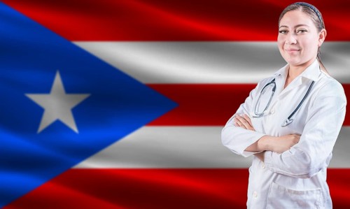 Female doctor on Puerto Rico flag. Doctor with crossed arms on Puerto Rico flag. Puerto Rican
