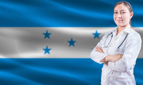 Female doctor on Honduras flag. Doctor with crossed arms on Honduras flag. Honduran health and care