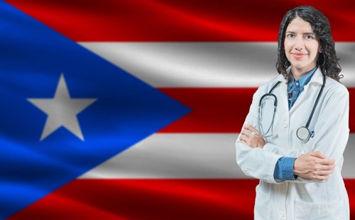 Puerto Rican medicine and healthcare concept. Close up of doctor against Puerto Rico flag