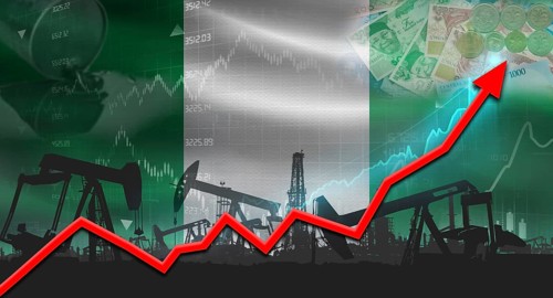 Growth of oil industry with Nigerian flag. Oil pumps with Nigerian flag. Oil production with