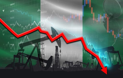 Crude crisis with Nigerian flag on financial graph. Fall oil price with flag of Nigeria on economic