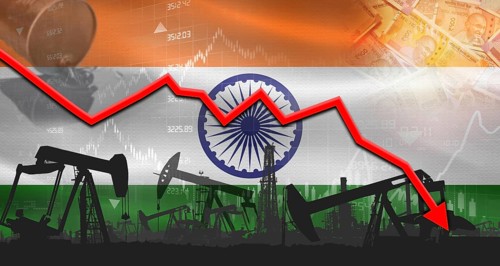 Fall oil price with India flag on economic chart. Petrol crisis with India flag on financial graph