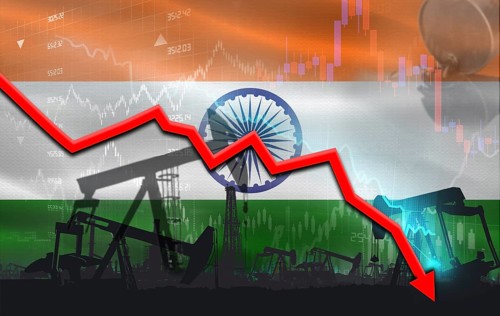 Crude crisis with Indian flag on financial graph. Fall oil price with flag of India on economic