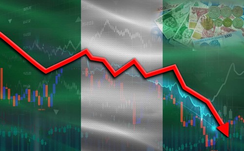 Nigeria financial fall on economy market. Nigeria financial crisis on economic graph