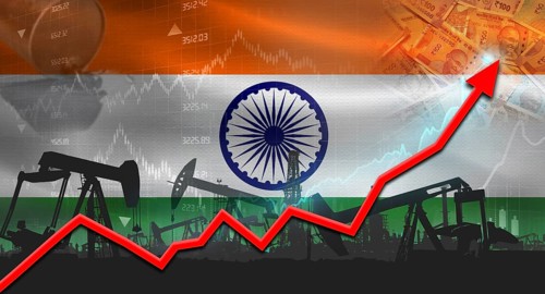 Growth of oil industry with Indian flag. Oil pumps with Indian flag. Oil production with India flag