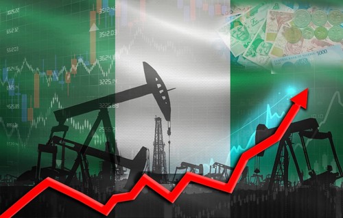 Oil production with Nigeria flag, petrol industry. Oil pumps with Nigerian flag