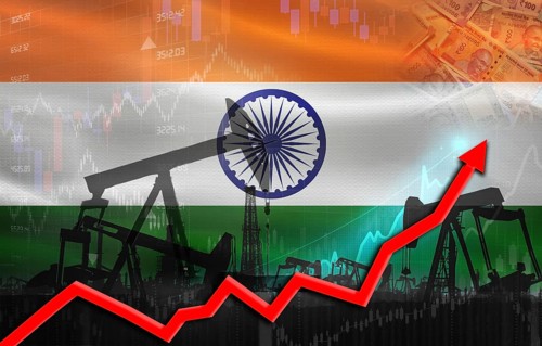 Oil production with India flag, petrol industry. Oil pumps with Indian flag
