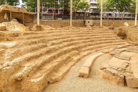 Ruins of Roman theatre amphitheatre, Zaragoza, Aragon, Spain