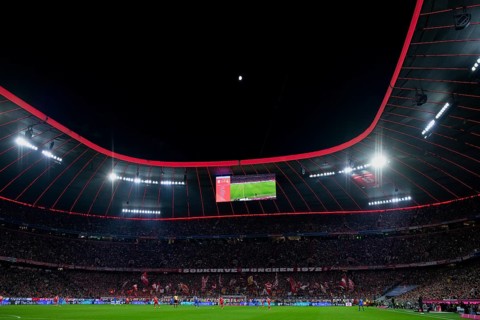 Overview, total, evening game, floodlight, night view, moon, goal, scoreboard, Allianz Arena,