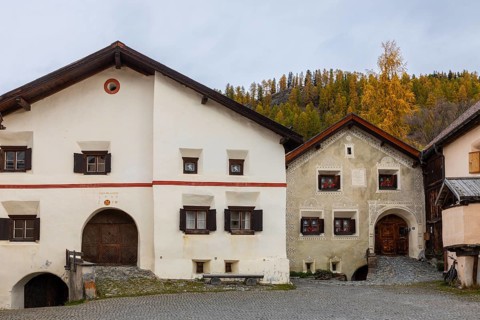 Sgraffiti on Engadin house, historic houses, Guarda, Engadin, Graubünden, Switzerland