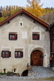 Sgraffiti on Engadin house, historic houses, Guarda, Engadin, Graubünden, Switzerland