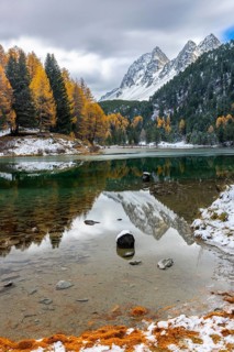 Lake Palpougna, mountain lake, Piz da la Plais, Tschimels, mixed forest with larches (Larix) in