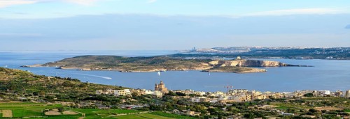 Panoramic view of three islands in the Mediterranean from the state of Malta in front island of