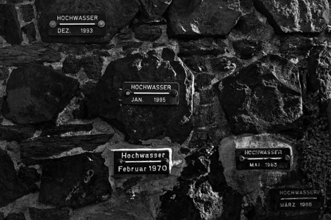 Rhine flood marks on the city wall of Unkel, Neuwied district, Rhineland-Palatinate, Lower Middle