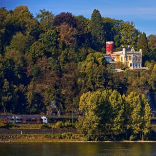 Marienfels Castle with Rhine and regional train from National Express Rhine, Remagen,