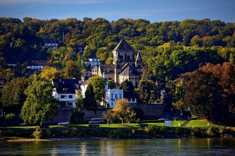 Catholic church of St. Peter and Paul in Remagen with the river Rhine at kilometer 634,