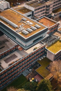 Modern office buildings with green roofs and solar cells, surrounded by autumn trees, Calw District