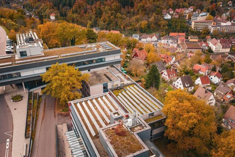 Aerial view of buildings with distinctive roofs and autumn-colored landscape, Calw District Office,