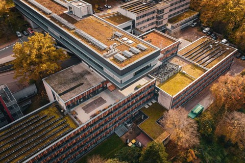 Modern architecture with green roofs and solar cells, nestled in an autumn environment, Calw