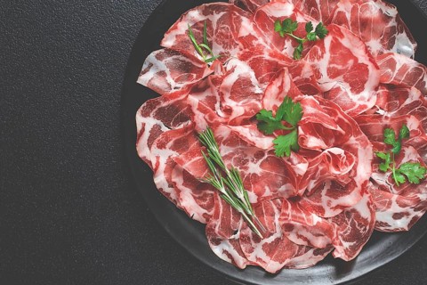 Sliced cured ham, prosciutto, italian dish, delicacy, parma ham, top view, no people