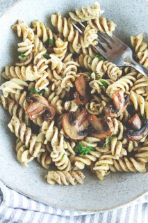 Fusilli pasta, in creamy mushroom sauce, pasta with mushrooms, homemade, no people
