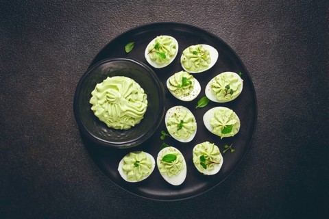 Snack, stuffed eggs with avocado, homemade, no people