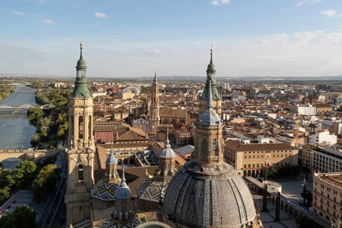 Rooftops of cathedral church Basilica of Our Lady of the Pillar, city centre of Zaragoza, Aragon,