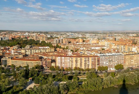 Modern apartment block buildings Arrabal residential inner suburb, city of Zaragoza, Aragon, Spain