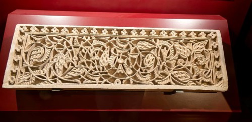Ornate craved Moorish stonework on display, Aljafería Palace, Zaragoza, Aragon, Spain