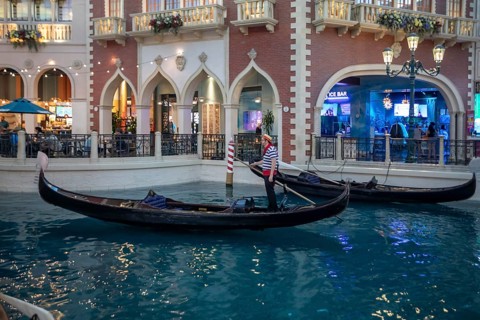 Las Vegas, Nevada - A gondolier looks for customers on the indoor canals at The Venetian Resort