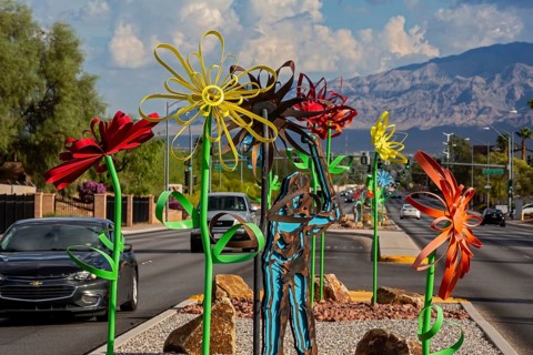 Las Vegas, Nevada - Metal flower art decorates the median strip on a Las Vegas road