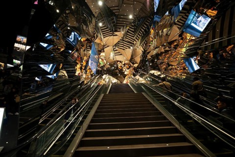 Staircase, entrance to a shopping center with many mirrors, Tokyu Plaza Omotesando Harajuku, modern