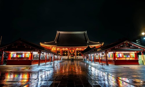 Buddhist temple complex, Asakusa shrine or Senso-ji temple, at night, Asakusa, Tokyo, Japan