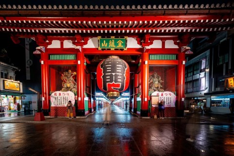 Illuminated Thunder Gate Kaminarimon of Asakusa Shrine or Senso-ji Temple, at night, Buddhist