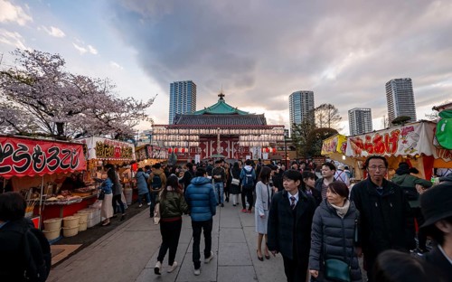 Shinobazunoike Bentendo Temple, food stalls selling Japanese food, cherry blossoms in spring,
