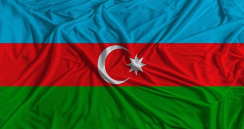 Azerbaijani flag waving. Flag of Azerbaijan with cloth texture