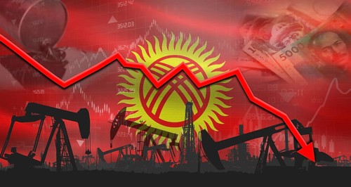 Fall oil price with Kyrgyzstan flag on economic chart. Petrol crisis with Kyrgyz flag on financial
