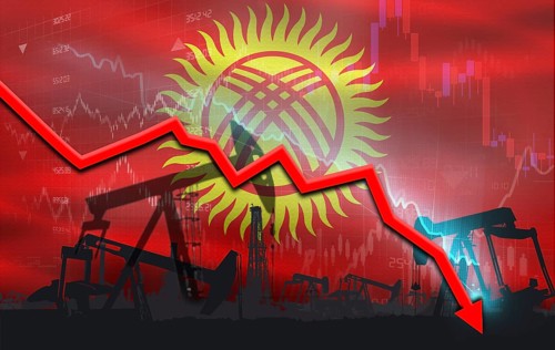 Crude crisis with Kyrgyz flag on financial graph. Fall oil price with flag of Kyrgyzstan on