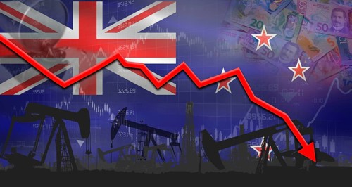 Fall oil price with New Zealand flag on economic chart. Petrol crisis with New Zealand flag on