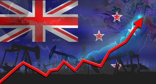 Growth of oil industry with New Zealander flag. Oil pumps with New Zealander flag. Oil production
