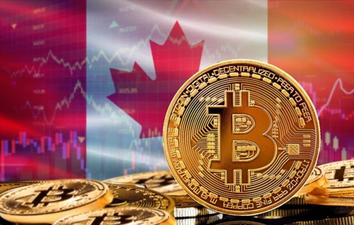 Investors in cryptocurrency and Blockchain Technology in Canada, Concept. Bitcoin with Canada flag